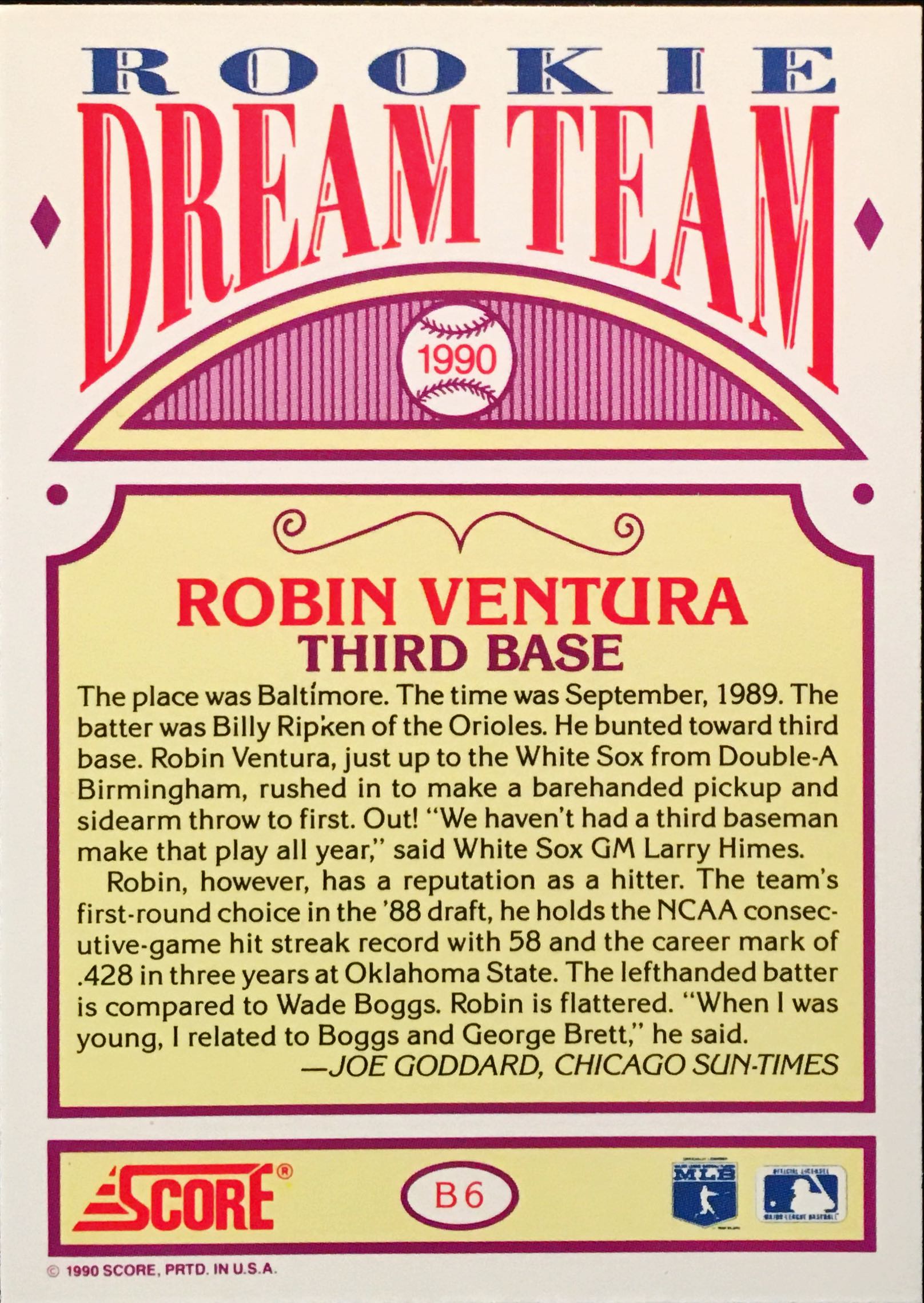 1990 Score Rookie Dream Team B6 back image