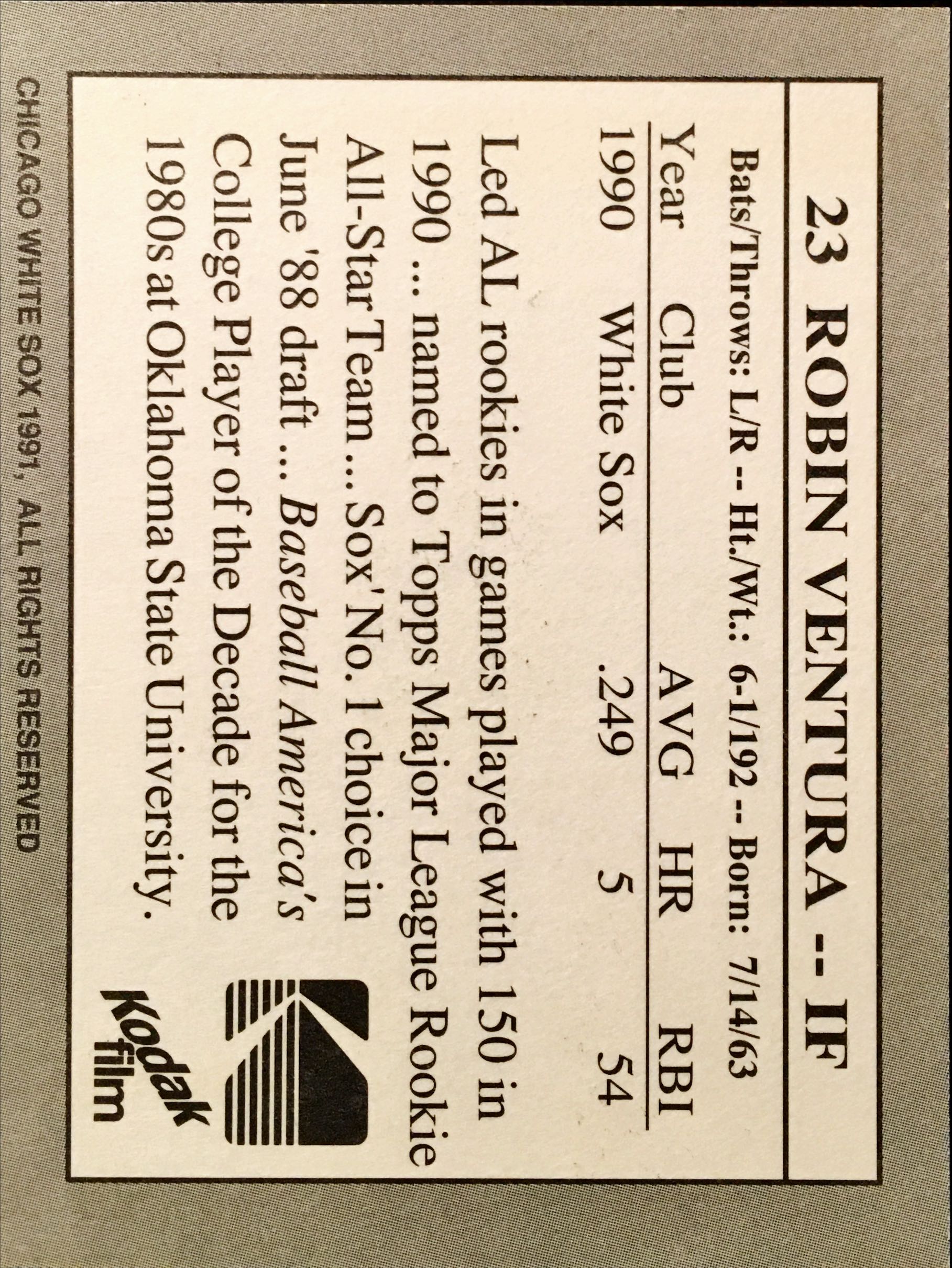 1991 White Sox Kodak  NNO back image