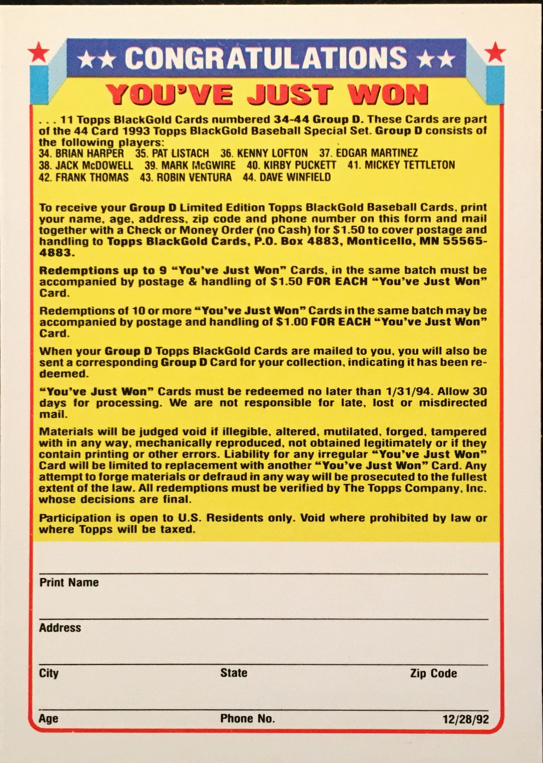 1993 Topps Black Gold D back image