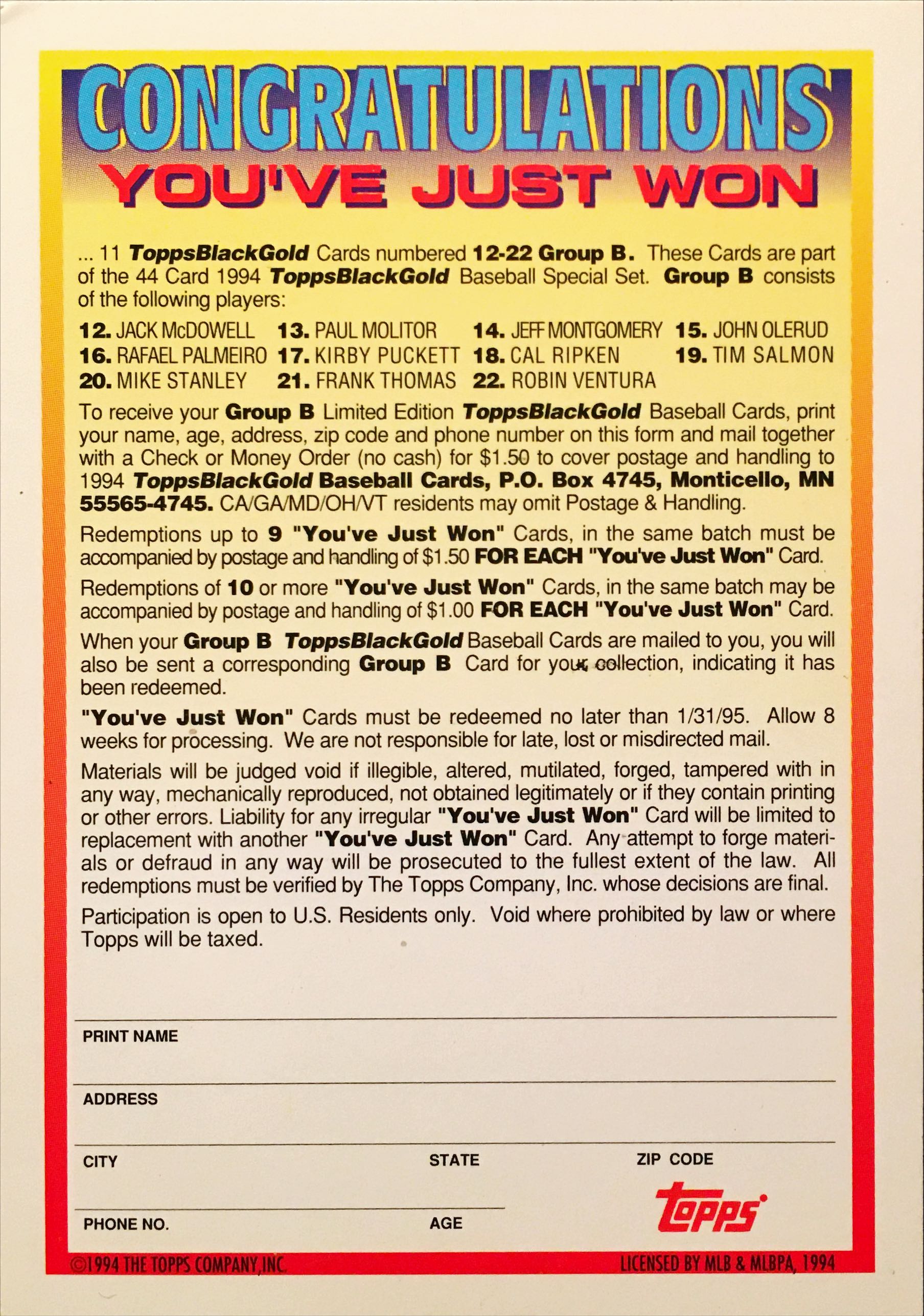 1994 Topps Black Gold B back image